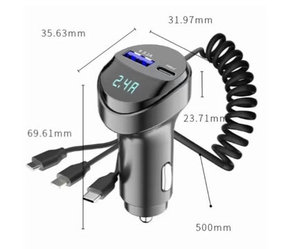 55W 2 Ports USB Fast Car Phone Charger 3.1A with Voltage Display Car Three In One USB Retractable Charging Cable