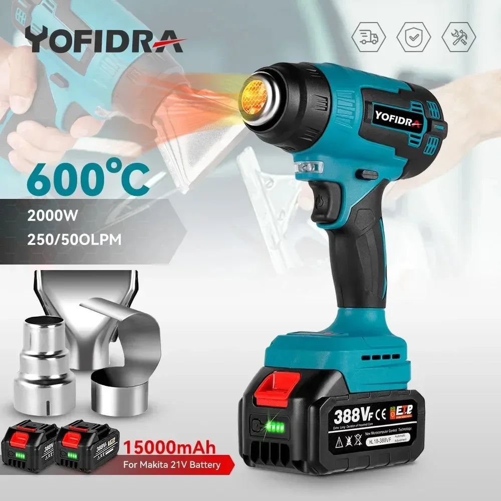 2000W Electric Heat Gun for Makita 18V Battery Cordless Handheld Hot Air Gun with 3 Nozzles Industrial