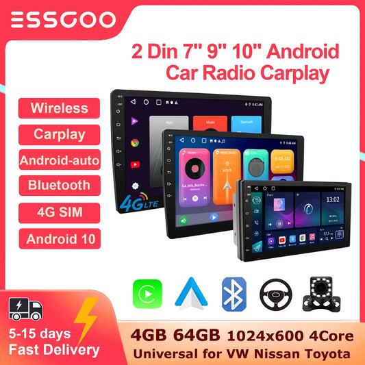 ESSGOO 2 Din Car Radio Carplay Android Auto 7 9 10 Inch 4G 64G Universal Multimedia Player DSP AM RDS AHD GPS WIFI Autoradio